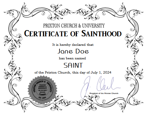 Sainthood Certificate and Canonziation